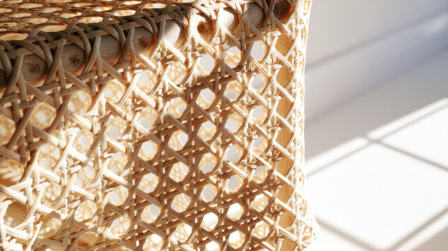 Rattan cane weaving wicker pattern geometric texture close up abstract background natural material sunlit shadow organic fiber handmade craft bright interior