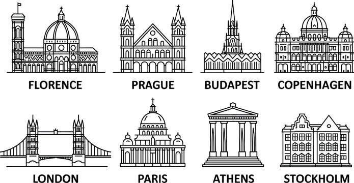 Flat European city landmarks vector icon set modern minimalist travel architecture destination silhouette collection