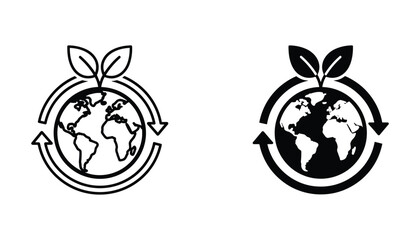 Fototapeta premium Earth globe with growing leaves icon set representing environmental conservation and global sustainability concepts in outline and solid black graphic styles on a white background
