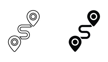 Navigation map pin route icon set featuring location markers connected by a path for logistics and travel concepts presented in outline and solid black graphic styles © TARU STOCKPLC