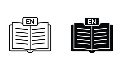 Open book icon with language tag featuring educational literature and reading concepts displayed in clean outline and solid black graphic styles isolated on a white background © TARU STOCKPLC