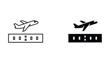 Airplane landing icon set featuring aircraft silhouette on runway strip for aviation travel and transportation themes presented in professional outline and solid black graphic styles © TARU STOCKPLC