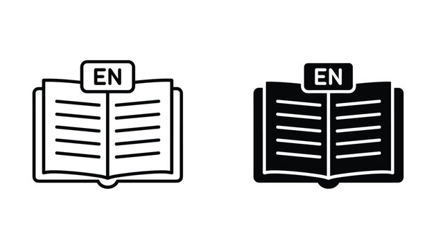 Open book icon with language tag featuring educational literature and reading concepts displayed in clean outline and solid black graphic styles isolated on a white background