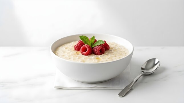 Elegant Tapioca Pudding in White Bowl with Fresh Raspberries