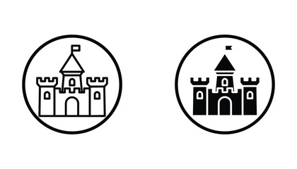 Medieval fantasy castle with flag icon set for kingdom and fortress architecture design featuring fortified stronghold structure in circular frames for gaming and maps © TARU STOCKPLC