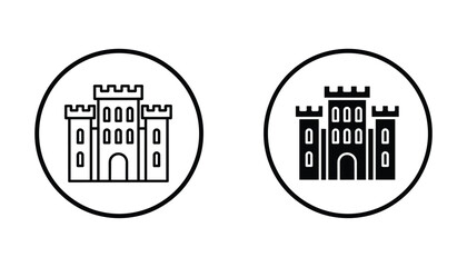 Medieval castle fortress icon set for fantasy games and historical theme design featuring architectural stronghold with battlements and turrets in circular frames © TARU STOCKPLC