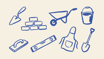 Hand drawn construction and masonry tools vector icon set with trowel bricks wheelbarrow bucket level apron and shovel © Sahabat