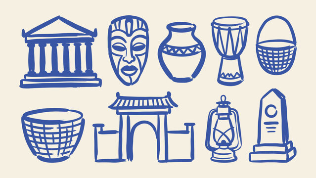 Blue hand drawn cultural icons set featuring historical monuments tribal mask ceramic vase drum basket asian gate lantern and obelisk vector illustration