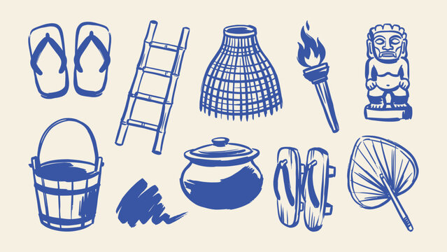 Hand drawn tropical island and traditional Asian culture icons vector set including tiki statue torch ladder bucket sandals and fan