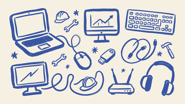 Hand drawn computer and technology doodle icons vector set with laptop keyboard mouse and tools for IT support