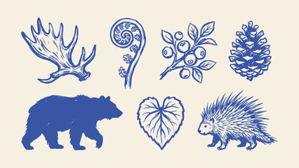 Hand drawn forest elements vector set with bear porcupine antler pinecone fern leaf and berries in rustic blue ink style © Sahabat