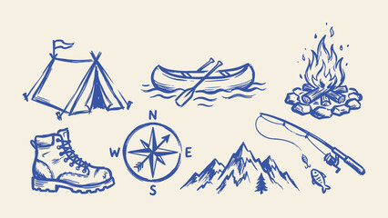 Hand drawn camping and outdoor adventure icon set with tent canoe campfire boot compass mountains and fishing rod vector © Sahabat