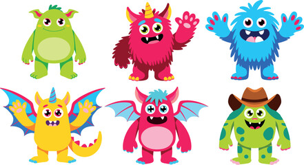 Naklejka premium Flat monster icon set modern minimalist alien creature character face collection for app ui designs