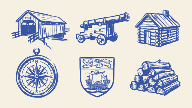 Vintage hand drawn historical vector icons set featuring covered bridge cannon log cabin compass heraldic shield and firewood logs