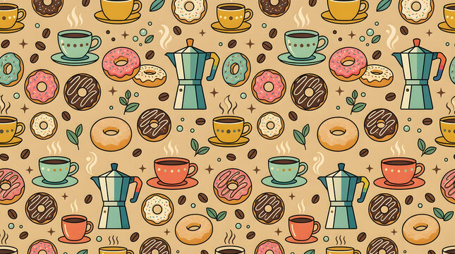 Seamless Coffee and Donut Pattern - Cute Retro Cafe Vector Illustration with Moka Pots and Espresso Cups