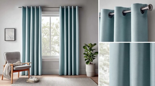Modern living room with teal grommet curtains and minimalist armchair