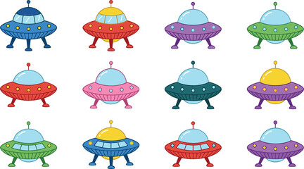 Colorful UFO Cartoon Spaceship Icon Set with Various Alien Flying Saucer Vectors for Outer Space Sci-Fi Patterns and Kids Outer Space Projects © ovi