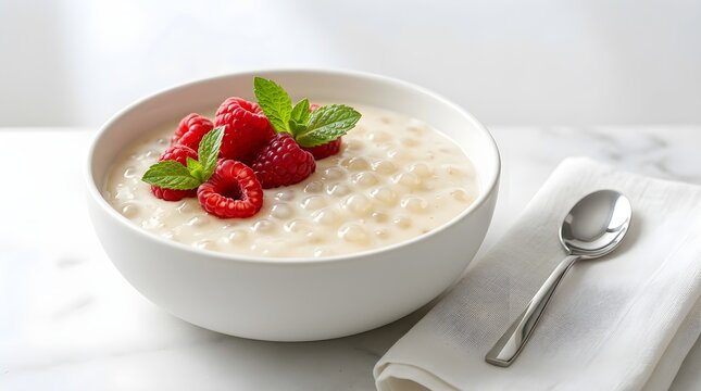 Elegant Tapioca Pudding in White Bowl with Fresh Raspberries