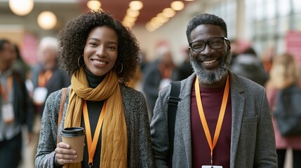 Fototapeta premium Smiling Diverse Professionals Wearing Lanyards at Business Conference Event