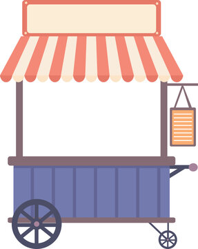 A colorful retro street food cart features a striped canopy, blank signboard, hanging menu board, and large wheels