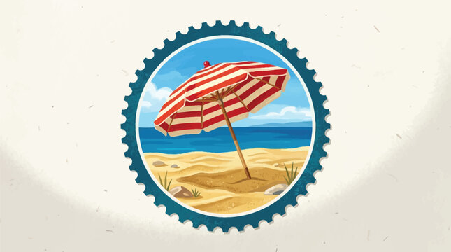A red and white striped parasol standing on a golden sand beach with a blue ocean background.