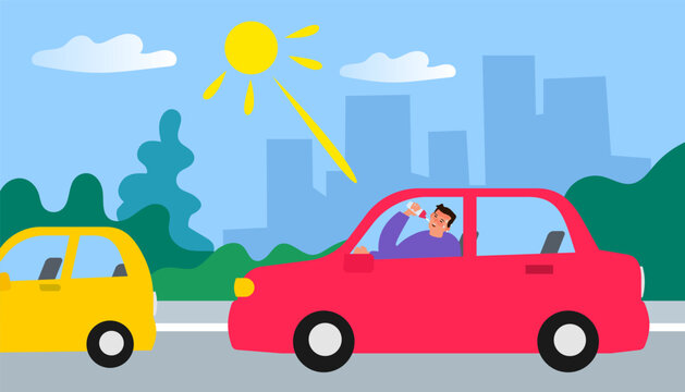 man drink water driving car summer heat stroke vector illustration