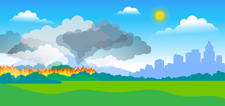 nature in fire near the city wildfire flame damage summer season vector illustration