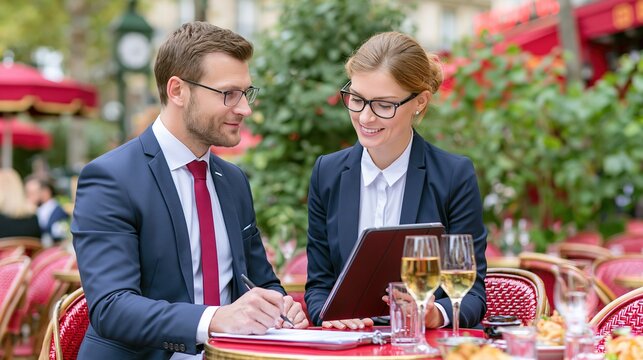 Business Professionals Collaborating on a Tablet at an Outdoor Parisian Cafe Terrace
