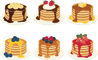 Sweet pancakes stacks with various delicious toppings isolated on white background, breakfast vector illustration set © Sanjina
