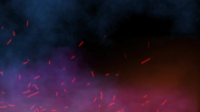 Glowing red fire embers rising in dark smoke. Sci-fi neon laser particles floating in mystic magenta fog. Cinematic light streaks drifting over abstract VFX. 4K Overlay Black Background