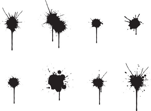Set of black ink splashes and paint drops with dripping stains isolated on transparent vector. Vector Illustration