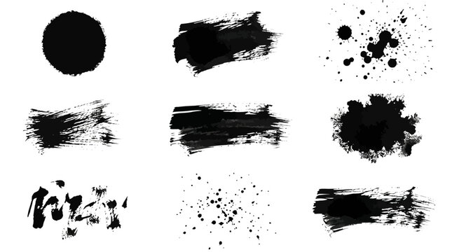 Grunge black ink brush strokes and paint splatter set, 9 textured vector elements, hand drawn artistic ink blots and stains for graphic design