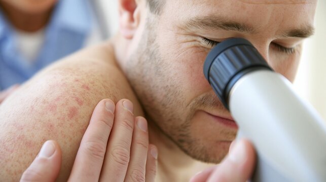 Close-up of dermatologist examining man's skin rash with magnifying device for diagnosis and treatment