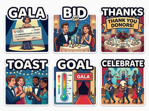 Charity Gala Fundraising Event Sticker Set Elegant Donation Night Vector Illustration