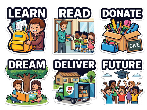 Children Education Charity Sticker Set School Supplies Books Donation Vector Illustration