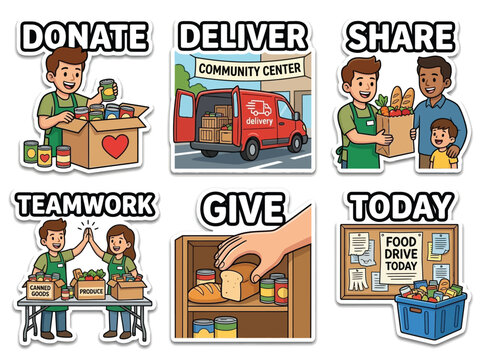 Food Bank Donation Drive Charity Sticker Set Volunteers Packing Meal Boxes Vector Illustration