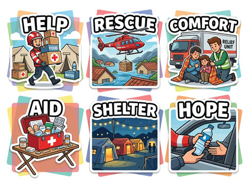 Disaster Relief Emergency Response Charity Sticker Set Rescue Team Supplies Vector Illustration