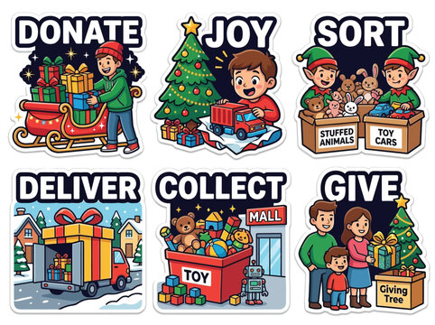 Holiday Toy Drive for Children Charity Sticker Set Gift Donation Vector Illustration