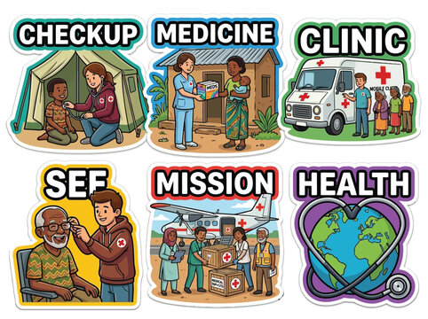 Medical Mission Charity Sticker Set Volunteer Doctors Free Clinic Vector Illustration