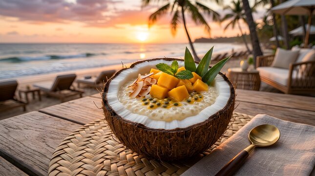Tropical Coconut Tapioca Pudding with Mango and Passion Fruit