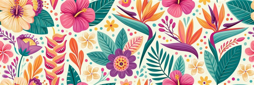 Seamless tropical pattern with vibrant summer flowers and leaves. Vibrant seamless pattern showing various tropical flowers and green leaves on a light background