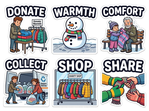 Winter Clothing Donation Drive Charity Sticker Set Warm Coats Blankets Vector Illustration