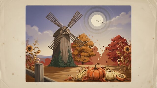 Autumn harvest halloween poster windmill pumpkins and fall foliage scene