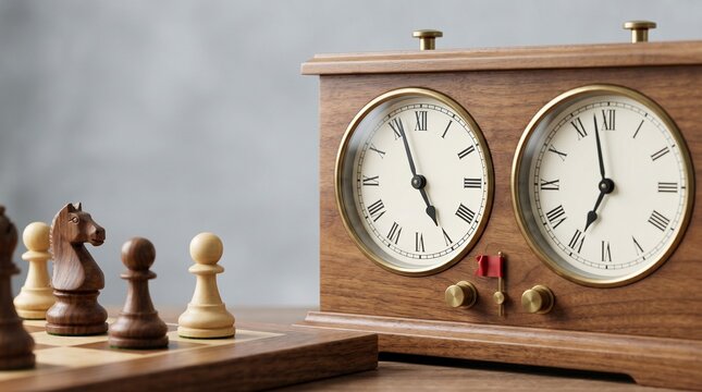 Chess clock next to a chessboard, tournament time control and strategy concept
