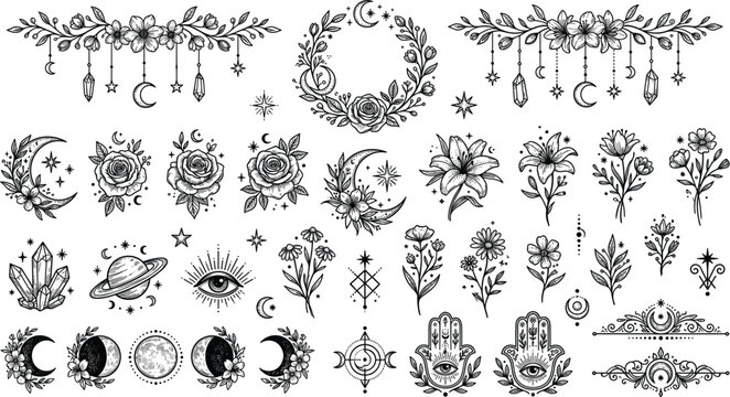 Mystical occult celestial tattoo sketch set featuring moon phases evil eye hamsa crystal roses hanging garlands and witchcraft element vectors