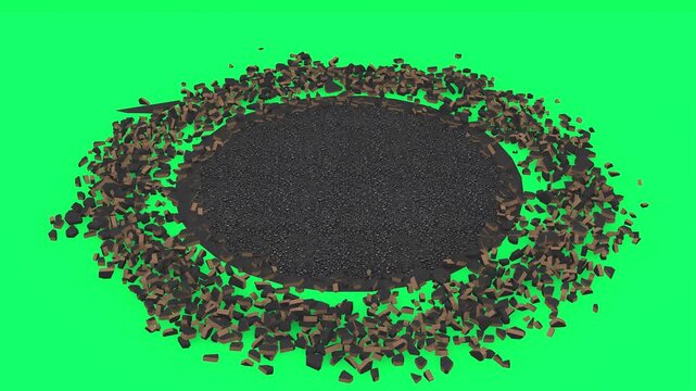 Top down view ground impact hero landing with shattering debris on green screen.
