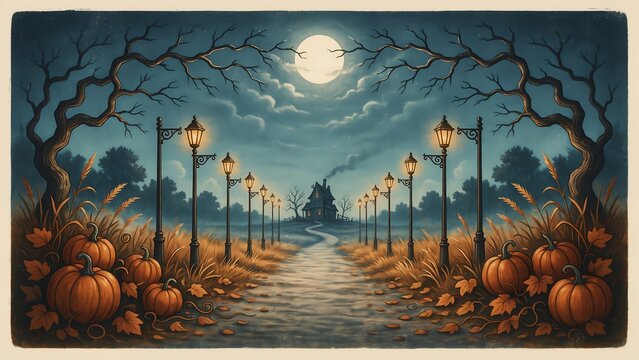Spooky halloween poster haunted house with pumpkins and moonlit path