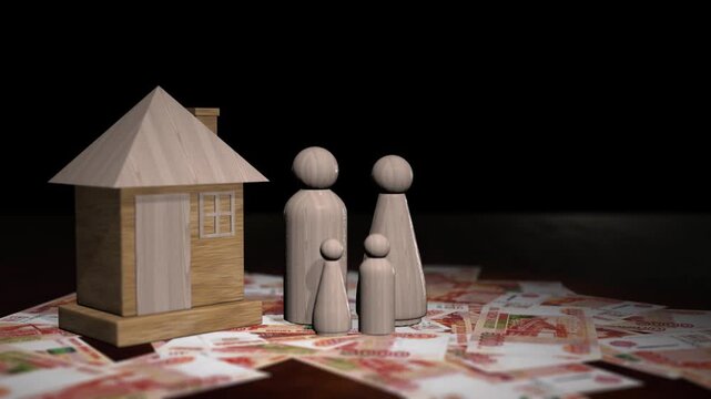 Rotating shot of wooden family figures and a house model on five thousand russian ruble banknotes.