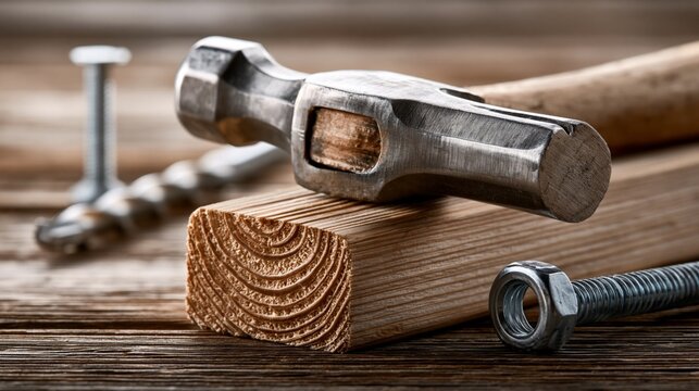 A close-up of tools on a wooden surface for carpentry work.
