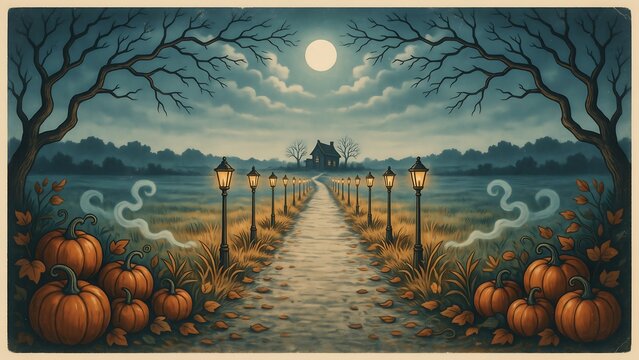 Vintage halloween poster spooky pathway to haunted house with pumpkins